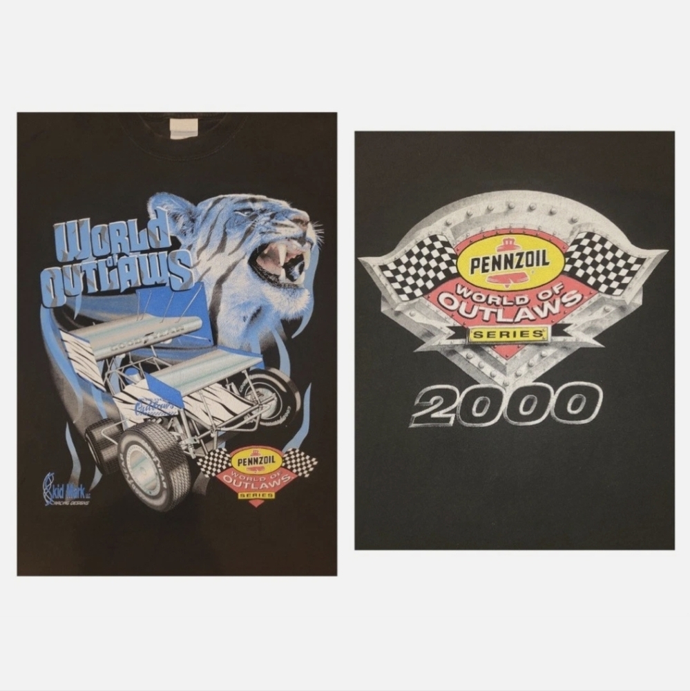 VTG Pennzoil World of Outlaws Racing T Shirt Mens XL Skid Mark Tiger Series 2000